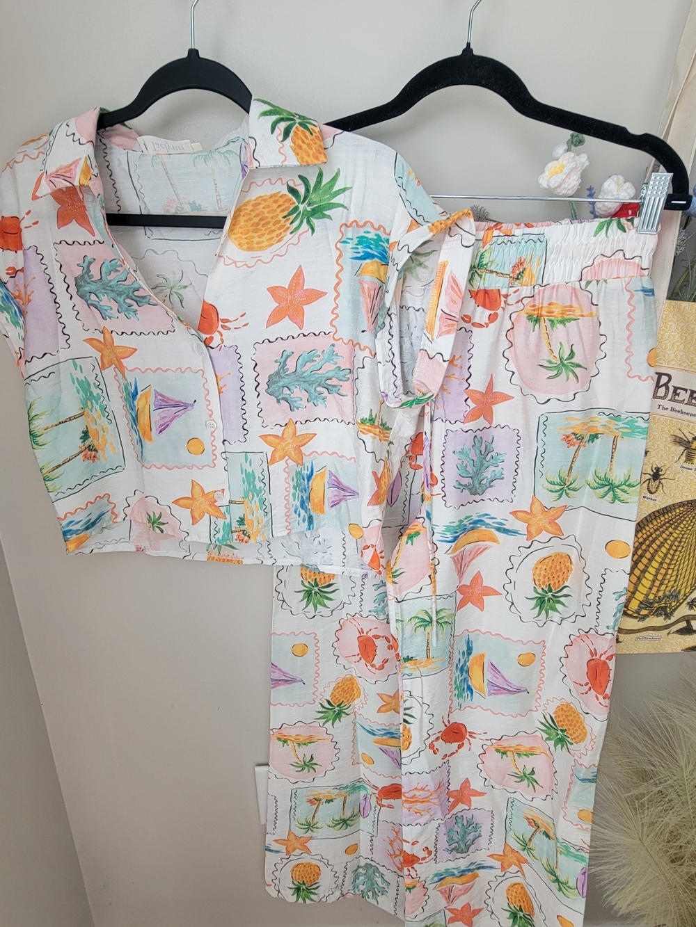 Tropical Print Two-Piece Set - White with Pastel Pineapple & Coral Motif Size S